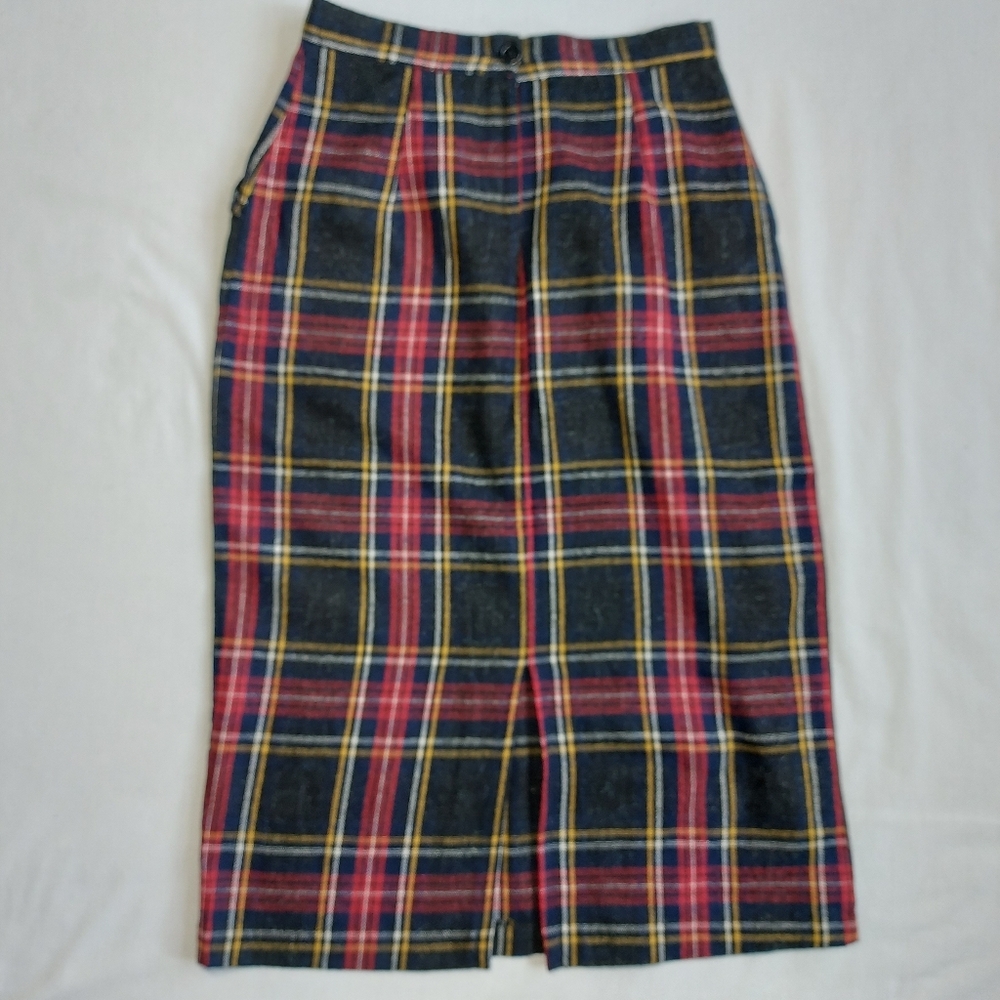 Encore Vintage 80s Plaid Pleated Pencil Maxi Skirt, Medium - Picture 5 of 11